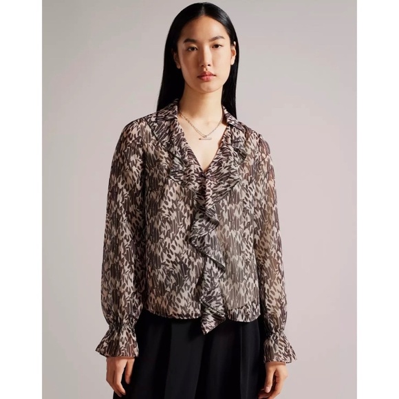 TED BAKER Bertei V Neck Ruffle Blouse Top Brown Abstract Size 6 US 14 - Picture 1 of 16